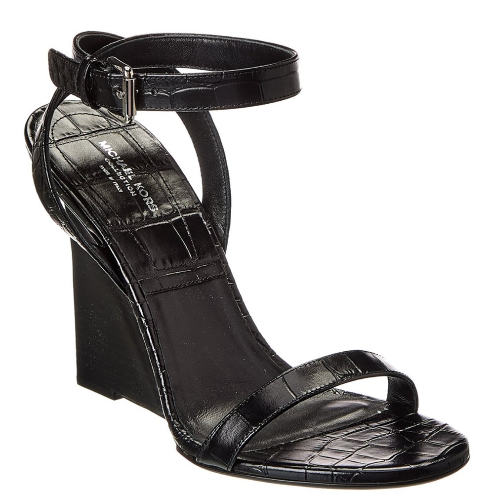 LUX Michael Kors Black Croc-Pattern Wedge Sandals